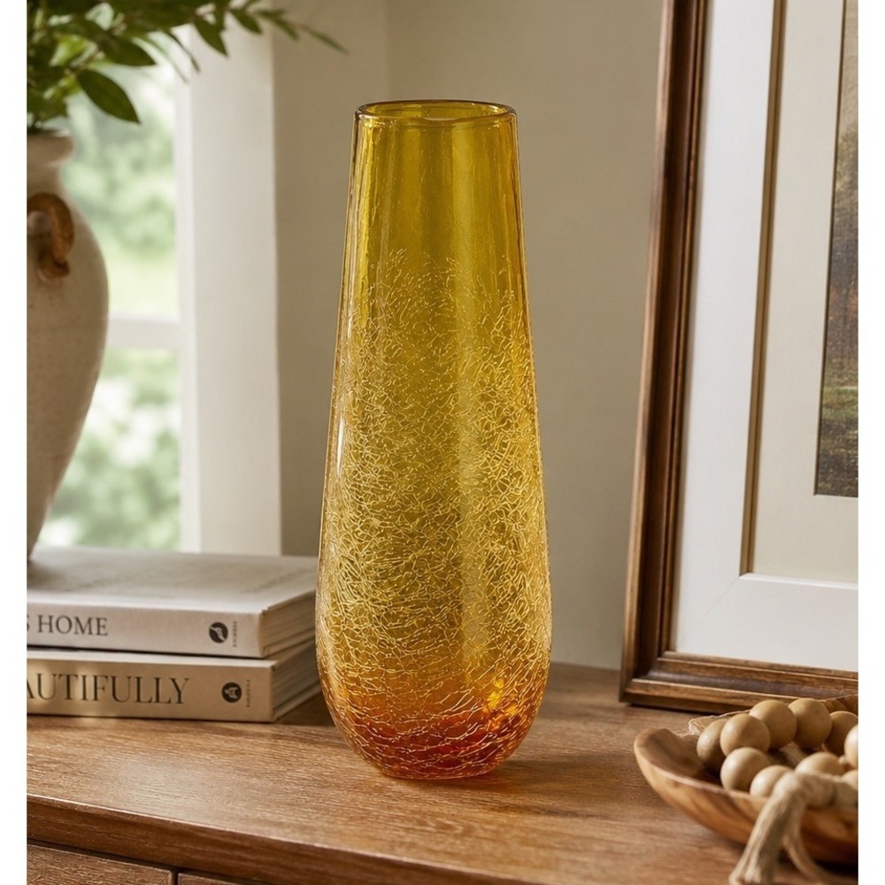 Amber Crackle Glass Tall Bud Vase Mid Century Modern Boho Art Glass Decor